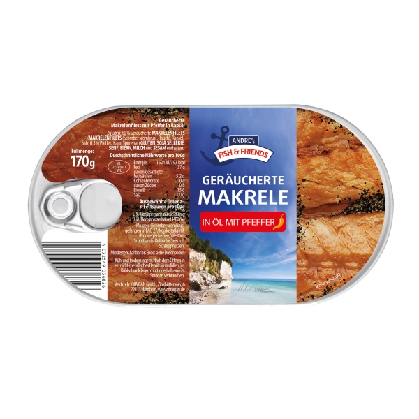 Andre´s Fish & Friend geräucherte Makrele in Öl mit Pfeffer 170 g Andre´s Fish & Friend geräucherte Makrele in Öl mit Pfeffer 170 g