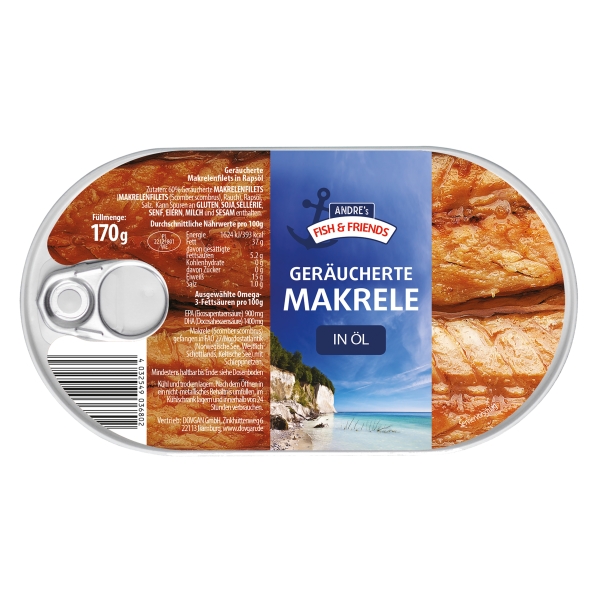 Andre´s Fish & Friends geräucherte Makrele in Öl 170 g Andre´s Fish & Friends geräucherte Makrele in Öl 170 g