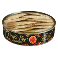 DOVGAN Prestige Große Riga Sprotten geräuchert mit transp. Deckel 120 g DOVGAN Prestige Große Riga Sprotten geräuchert mit transp. Deckel 120 g