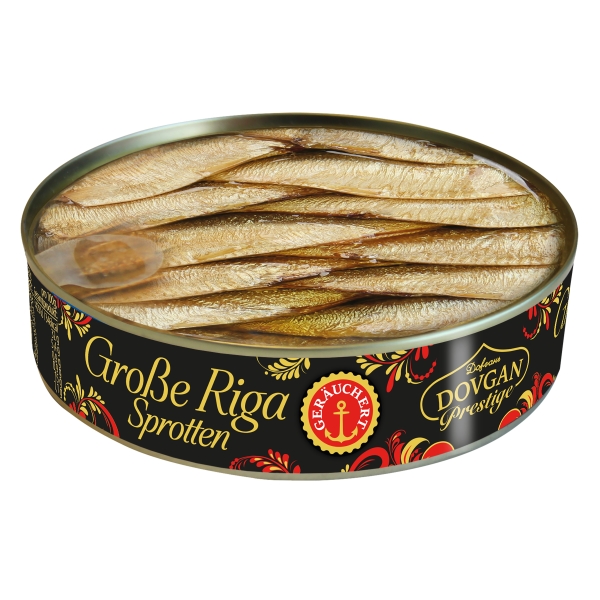 DOVGAN Prestige Große Riga Sprotten geräuchert mit transp. Deckel 120 g