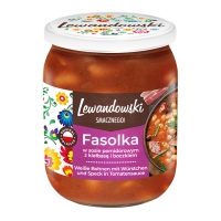 Lewandowski "Fasolka po bretonsku" Weiße Bohnen mit Würstchen und Speck in Tomatensauce 500 g Lewandowski "Fasolka po bretonsku" Weiße Bohnen mit Würstchen und Speck in Tomatensauce 500 g