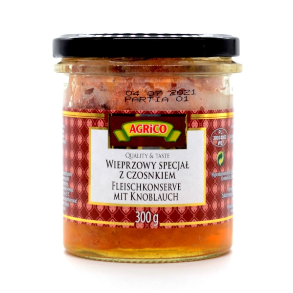 Agrico "Wieprzowy specjal z czosnkiem" Fleischkonserve mit Knoblauch 300 g Agrico "Wieprzowy specjal z czosnkiem" Fleischkonserve mit Knoblauch 300 g