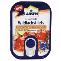 LARSEN Geräucherte Wildlachsfilets in Rapsöl und eigenem Saft MSC 110 g LARSEN Geräucherte Wildlachsfilets in Rapsöl und eigenem Saft MSC 110 g