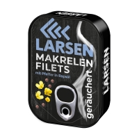 LARSEN Pfeffer Makrelenfilets geräuchert, in Rapsöl 110 g LARSEN Pfeffer Makrelenfilets geräuchert, in Rapsöl 110 g