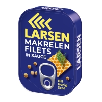 LARSEN Makrelenfilets verfeinert mit Dillspitzen in Honig-Senf-Sauce 110 g LARSEN Makrelenfilets verfeinert mit Dillspitzen in Honig-Senf-Sauce 110 g